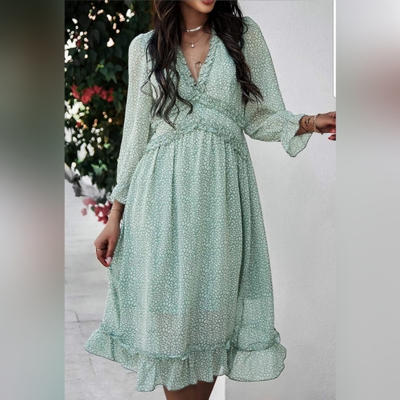 🌞V Neck Floral Boho Midi 🌞Dress Flowy Flounce L - Picture 3 of 4